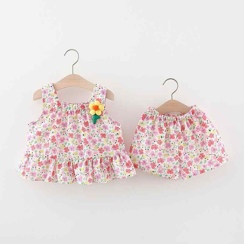 ・カテゴリ: 子供服セット・スタイル: 韓国風・セット内容: トップス、パンツ・対象: 女の子・主な素材: 綿（80%〜98%）・袖丈: ノースリーブ・パンツ丈: ショートパンツ・厚さ: 薄手・柄: 花柄、プリント・カラー展開: ピンク（小花柄）、イエロー（小花柄）、ソリッドピンク、ソリッドイエロー・サイズ展開: 73cm、80cm、90cm、100cm、110cm