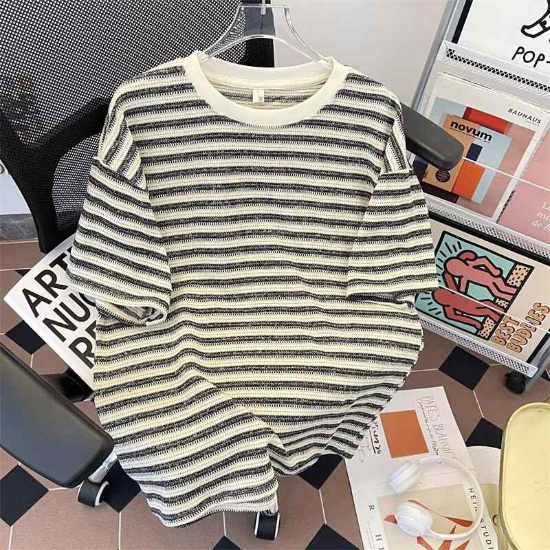 Tシャツ メンズ 半袖 ストライプ カットソー クルーネック ゆったり カジュアル トップス 快適 爽やか