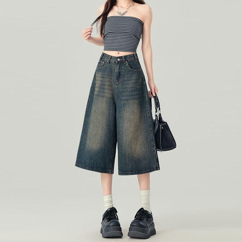 ハーフパンツ レディース デニム 七分丈 ハイウエスト 美脚 ゆったり ジーパン 接触冷感 薄手 カジュアル 通学 通勤 夏