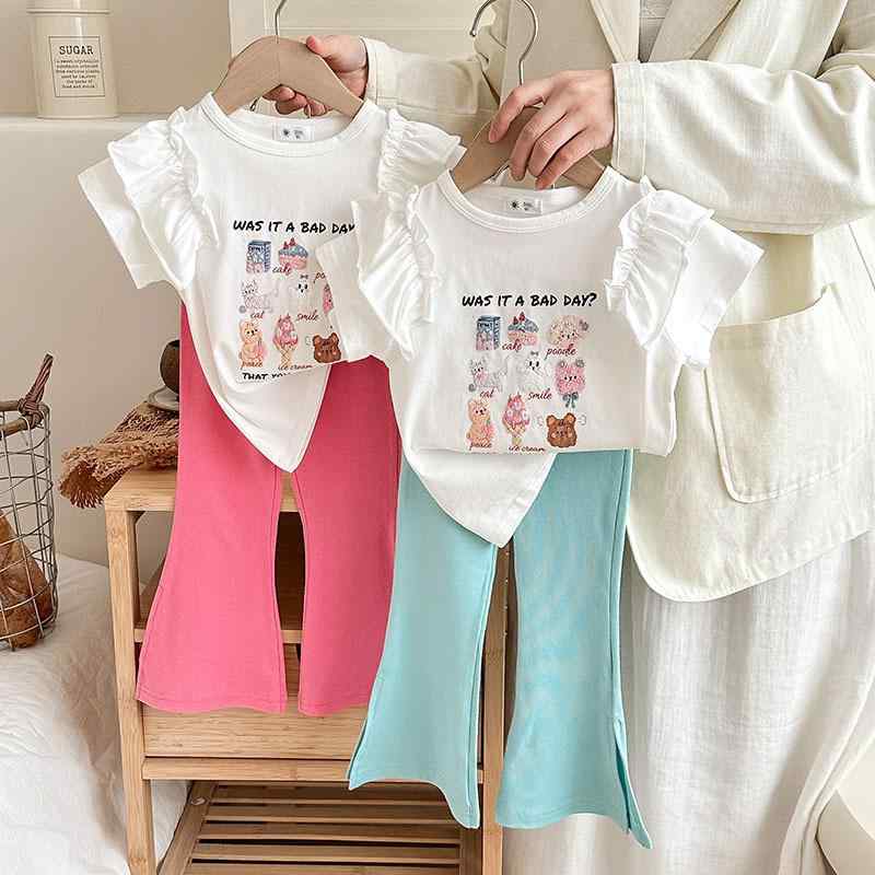 セットアップ キッズ 女の子 半袖 夏 キャミソール フリル シャツ ベルボトム ロングパンツ 九分丈 2点セット かわいい 韓国風 薄手 動きやすい 通園 通学 普段着 100 110 120 130 140
