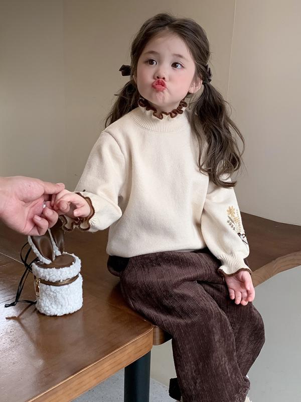 セーター キッズ 女の子 ニット トップス 秋冬 長袖 丸首 花柄 かわいい 柔らかい 子供服 インナー 暖かい ベージュ