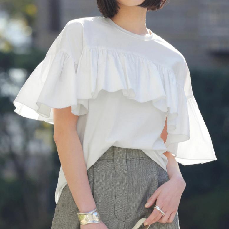 乐天商城 - Tシャツ レディース 半袖 春夏 綿 接触冷感 ゆったり クルーネック アシンメトリー 切り替え フリル 無地 カジュアル トップス ホワイト ブラック フリーサイズ