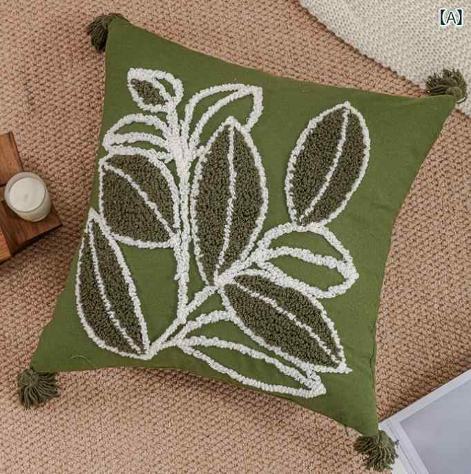 クッションカバー 北欧 おしゃれ 刺繍 45×45cm リビング ソファ 背当て クッション ベッド インテリア 四角 チェック ボヘミアン 葉柄 ナチュラル かわいい [2]