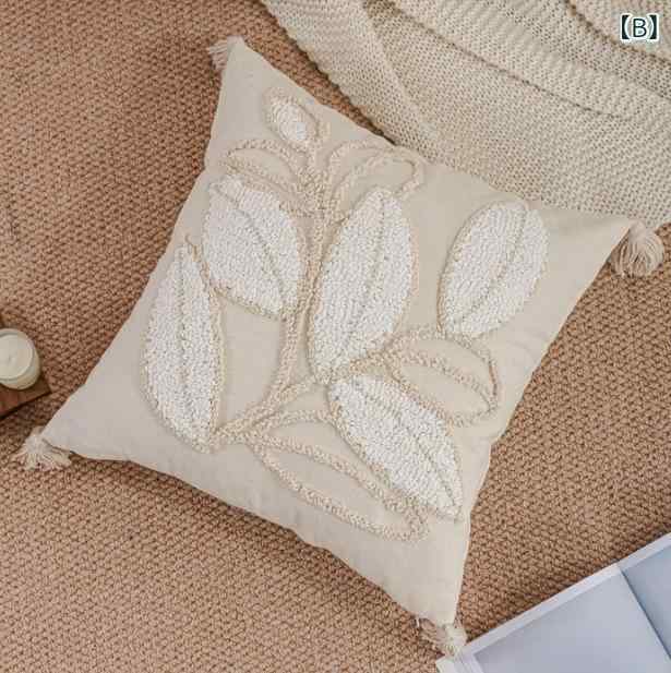 クッションカバー 北欧 おしゃれ 刺繍 45×45cm リビング ソファ 背当て クッション ベッド インテリア 四角 チェック ボヘミアン 葉柄 ナチュラル かわいい [3]