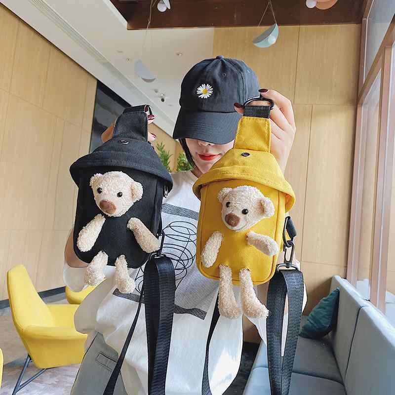 ショルダーバッグ レディース ミニ 軽量 帆布 キャンバス かわいい クマ ぬいぐるみ付き 斜めがけ ボディバッグ ウエストバッグ カジュアル 旅行 通学 キッズ 女の子