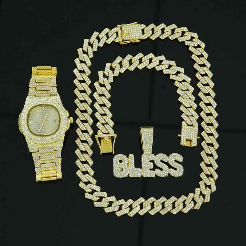 Watch, Women's & Men's Jewelry Set: Necklace & Bracelet (3-piece set) - Zirconia Alphabet Pendant, Cuban Link Chain, European & American Style, Hip Hop, Luxury Accessories