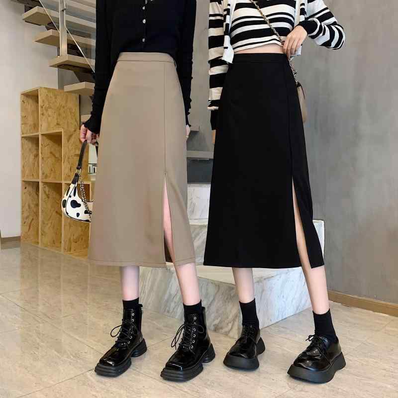 スカート レディース ロングスカート Aライン 大きいサイズ ミディアム 春夏秋冬 体型カバー 痩せ見え 切り替え アシンメトリー スリット ゴムウエスト ブラック 通勤
