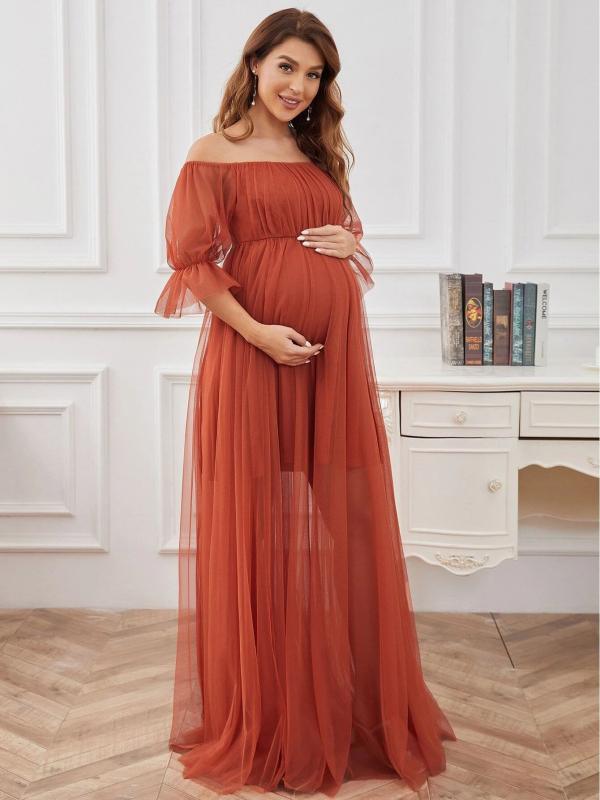 ワンピース レディース 妊婦服 授乳服 マタニティドレス マタニティウェア オフショルダー 三分袖 シースルー 薄手 シフォン ロング丈 無地 パーティードレス お呼ばれ 二次会 披露宴