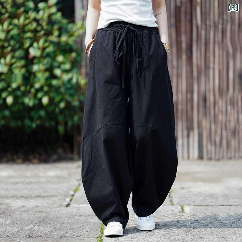 bloomelierのパンツ メンズ サルエルパンツ 綿麻 レトロ ワイドパンツ ロングパンツ ゆったり 通気性 イージーパンツ カジュアル ウエストゴム ボトムス｜アングル3
