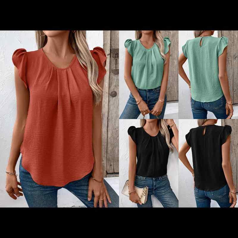Tシャツ レディース 半袖 カットソー トップス クルーネック フリル袖 フリルスリーブ 無地 カジュアル ゆったり 薄手 快適 吸汗速乾 部屋着