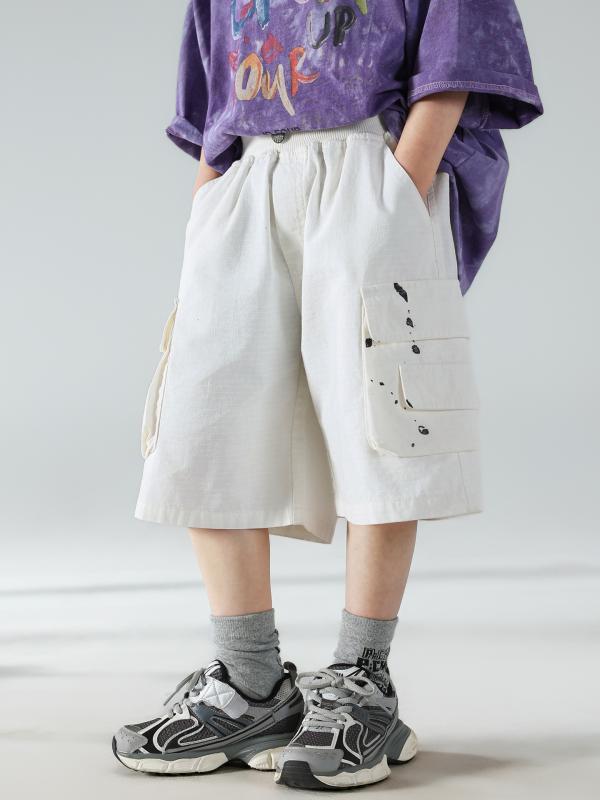 ・カテゴリ: 子供用パンツ・スタイル: 韓国風、カジュアル、スポーツ、ストリート系・主な素材: 綿・パンツ丈: ショートパンツ・対象性別: 男の子・対象年齢: 3〜8歳（身長100〜140cm）・生地加工: 柔軟処理・股上: ミドルライズ・ウエスト仕様: ゴム仕様・カラー展開: ホワイト（ペンキドリップ加工）・サイズ展開: 身長約82cm、約91cm、約100cm、约110cm、約119cm、約128cm、約137cm
