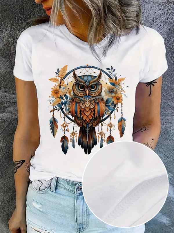 Tシャツ レディース 半袖 ラウンドネック コットンプリント ボヘミアン調 ドリームキャッチャー フクロウ 花柄 ホワイト カジュアル