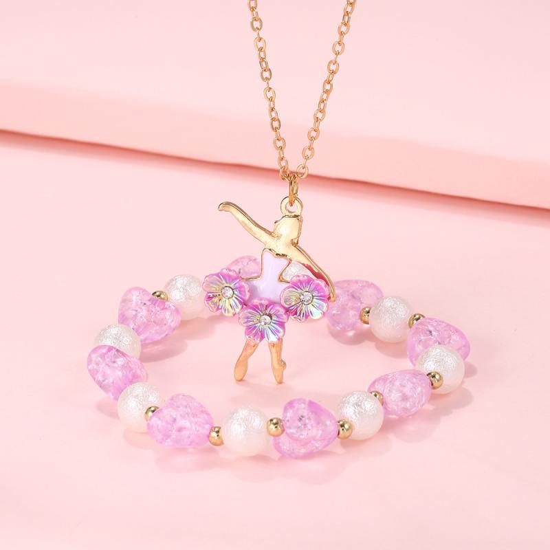 Girls' Necklace Jewelry Set, Purple, Cute Princess Flower Motif, Ballet Accessory, Alloy, Plated, Children's Gift