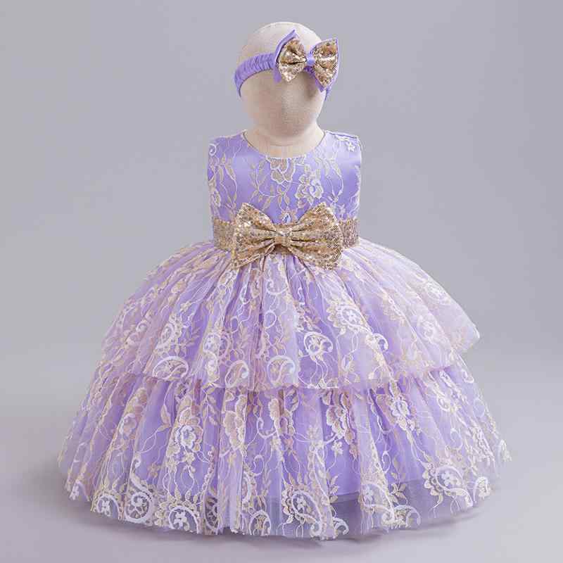 ワンピース 女の子 キッズ 長袖 1歳 誕生日ドレス プリンセス フォーマルドレス 紫 レース フリル シフォン 発表会 結婚式