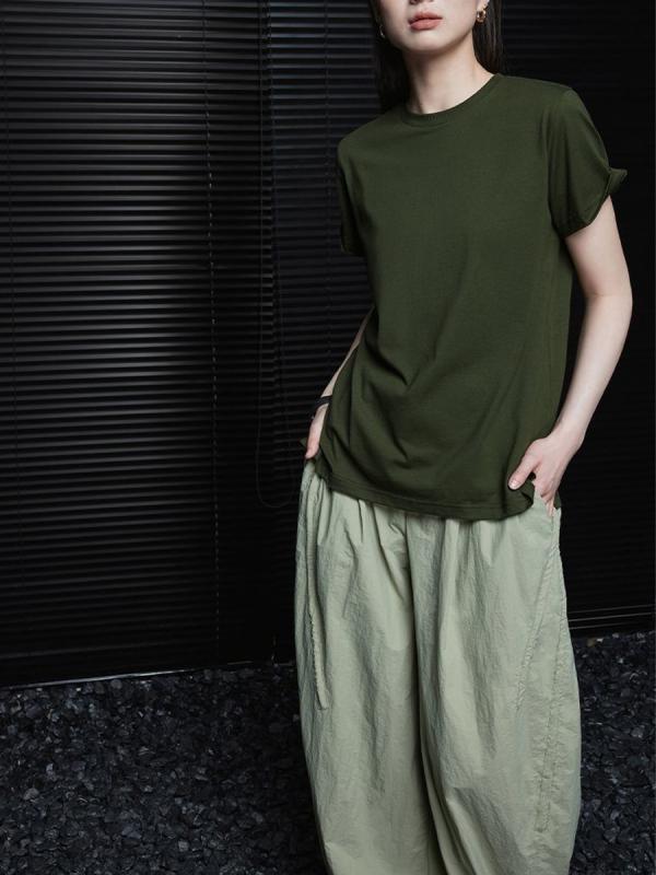 Tシャツ レディース 春夏 半袖 グリーン 接触冷感 ゆったり 無地 クルーネック 切...