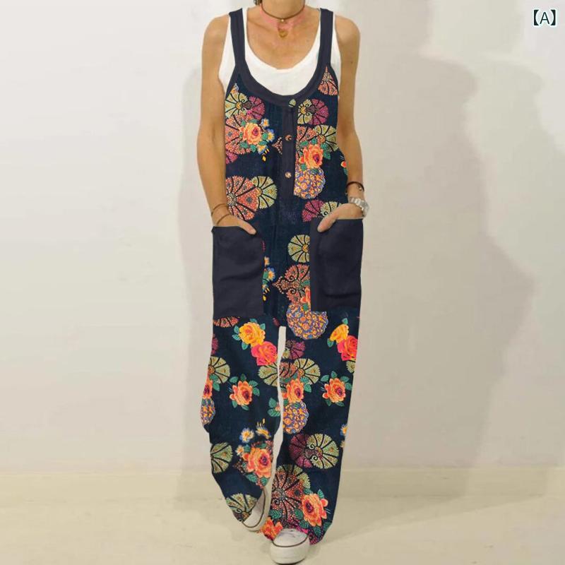 bloomelierのオールインワン レディース サロペット 綿麻 リネン 花柄 レトロ ノースリーブ ゆったり ワイドパンツ オーバーオール カジュアル 旅行｜アングル2