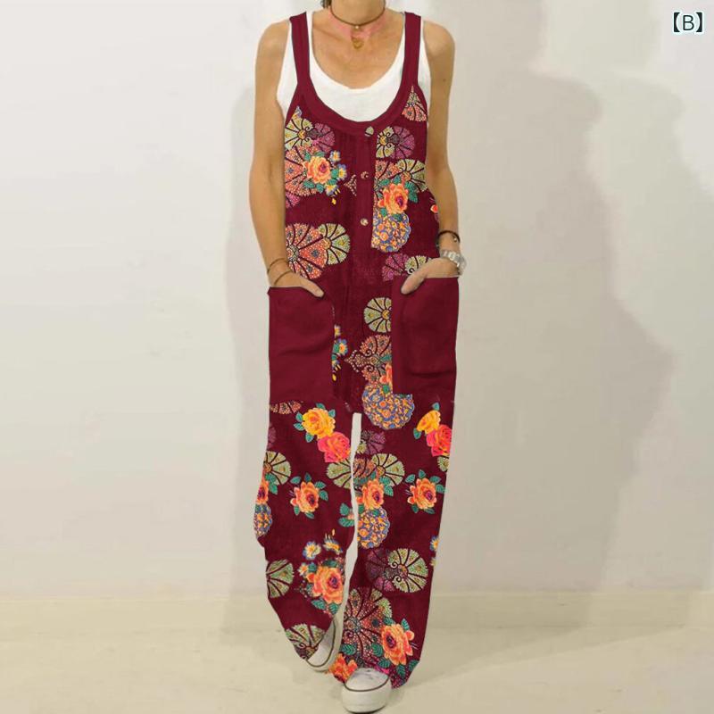 bloomelierのオールインワン レディース サロペット 綿麻 リネン 花柄 レトロ ノースリーブ ゆったり ワイドパンツ オーバーオール カジュアル 旅行｜アングル3