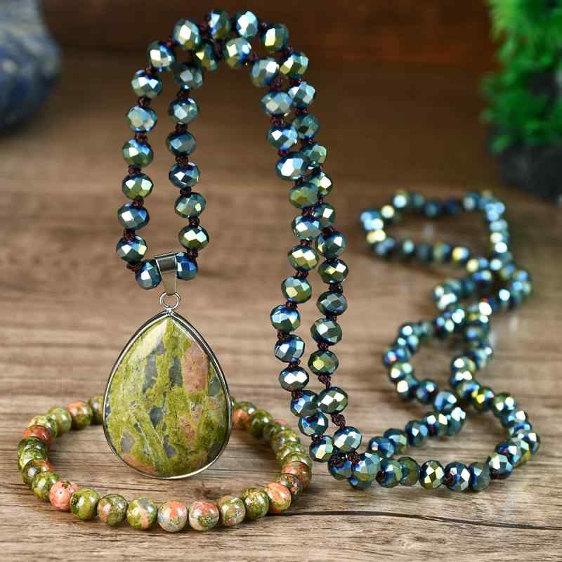 Women's Necklace Jewelry Set: Long Necklace, Handmade Crystal Teardrop Pendant, Beaded Bracelet, Bohemian Ethnic Large Accessories