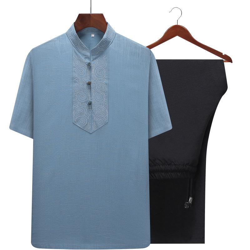 セットアップ メンズ 中老年 甚平 チャイナ服 半袖 リネン風 コットン混 麻混 涼しい 部屋着 普段着