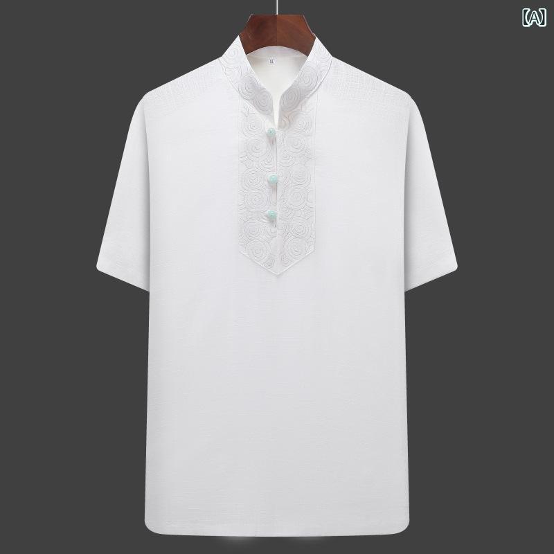 bloomelierのセットアップ メンズ 中老年 甚平 チャイナ服 半袖 リネン風 コットン混 麻混 涼しい 部屋着 普段着｜アングル2
