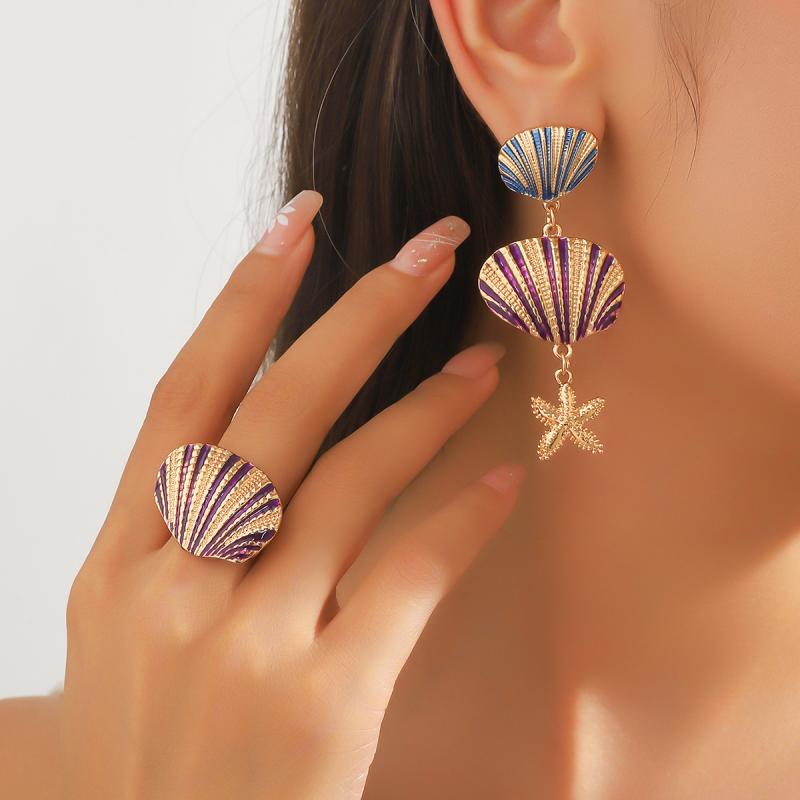 Ladies' Jewelry Set: Ring, Necklace, and Earrings (3-piece set) with Seashell Motif. Large, eye-catching, vibrant purple color. Feminine, elegant, and unique. Electroplated finish. Perfect for casual or party occasions.
