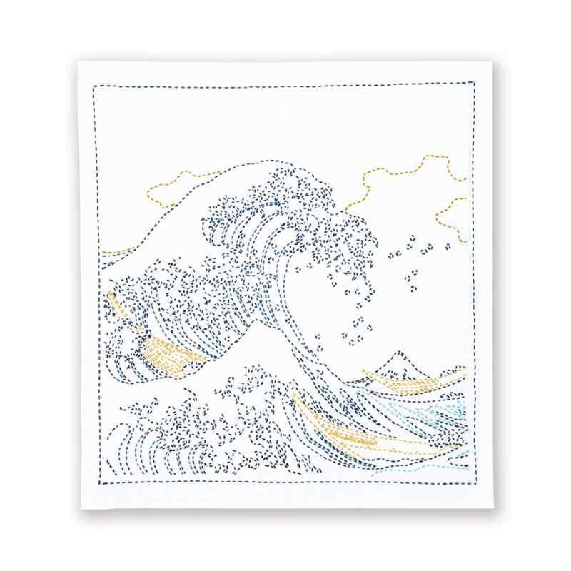 オリムパス製絲 刺し子糸〈細〉専用刺し子花ふきんキット「富嶽三十六景」神奈川沖浪裏 OLY-SK408