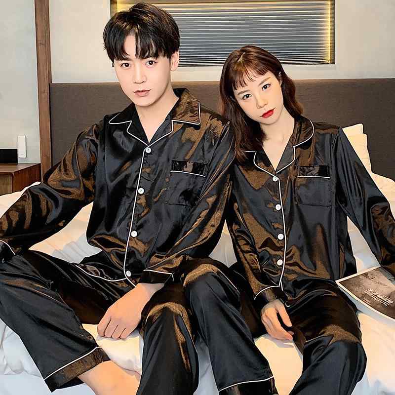 パジャマ ペア レディース メンズ 春夏秋冬 長袖 長ズボン ルームウェア 前開き 襟付き サテン調 シルク調 薄手 軽量 吸汗速乾 涼しい 部屋着 寝間着 無地 高級感