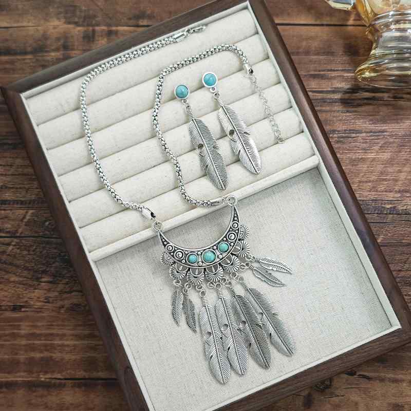 Women's Necklace and Earrings Set (2 pieces): Bohemian Feather Fringe Retro Geometric Moon Motif Antique Finish Electroplated Ethnic Style Casual Fashion Accessories