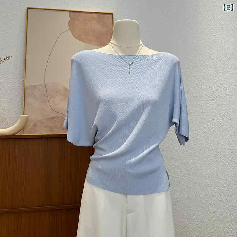 bloomelierのTシャツ レディース 春夏 接触冷感 オフショルダー フレンチスリーブ 半袖 ニットソー リブ リブニット スリム フィット カットソー カジュアル プルオーバー 無地 シンプル トップス｜アングル3
