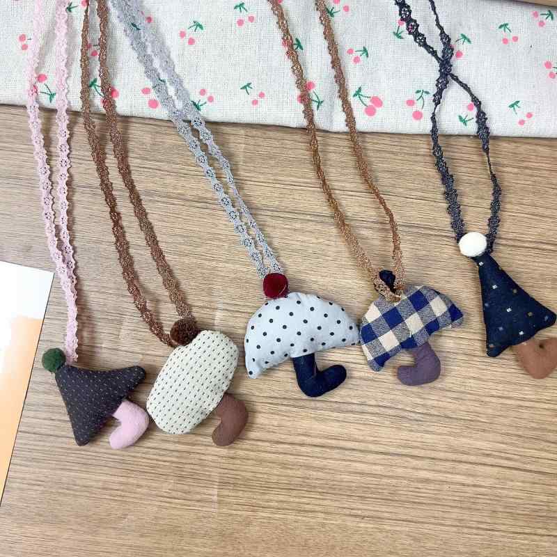 ネックレス キッズ 子供用 雨傘モチーフ チェック柄 格子 ドット柄 布製 ペンダント アクセサリー かわいい 通学 お出かけ プレゼント