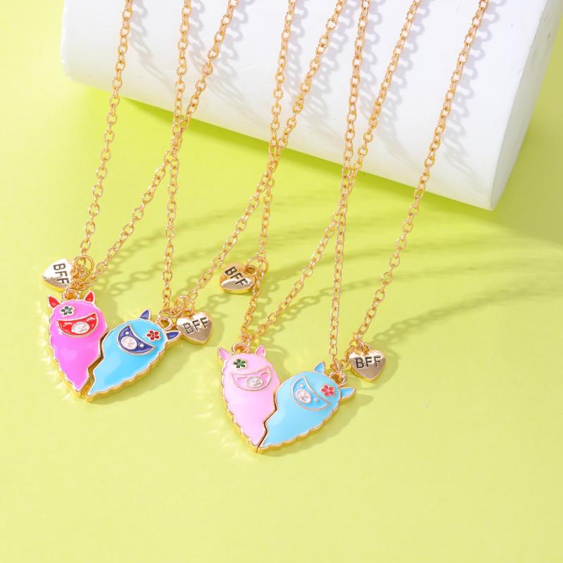 ネックレス キッズ 子供 かわいい ユニコーン ハート 切り替え 2個セット ペンダント ジュエリー 電気メッキ加工 合金 ペア アジャスター付き