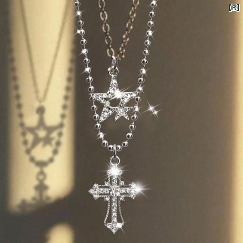 bloomelierのネックレス レディース メンズ ユニセックス 十字架 星型 ペンダント チョーカー パンク ロック レトロ カジュアル アクセサリー プレゼント｜アングル3