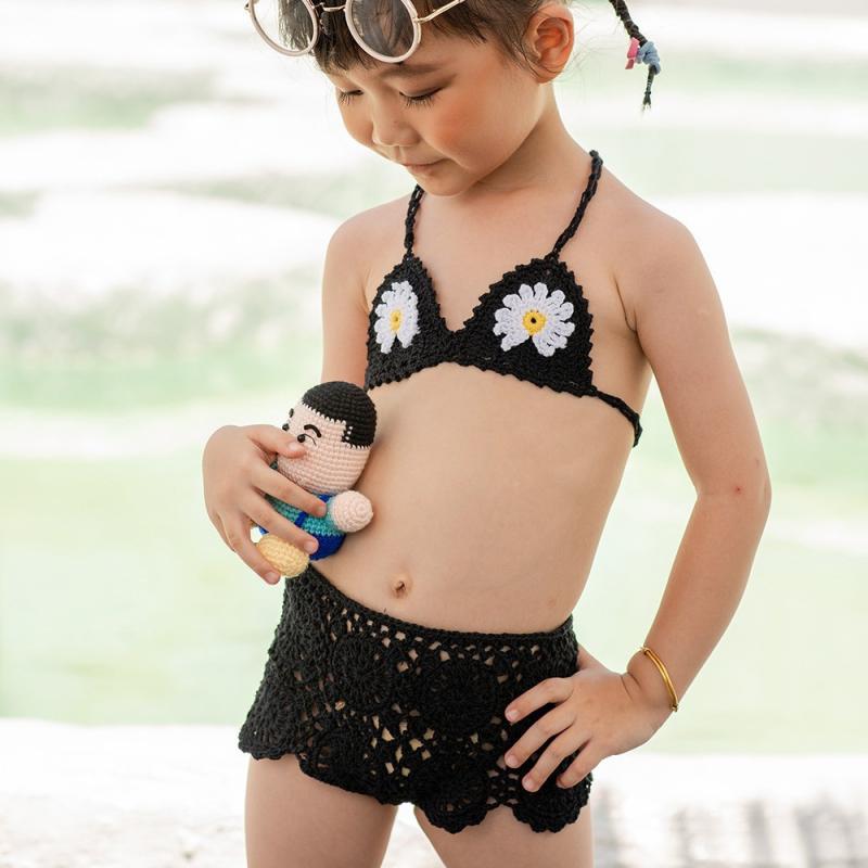 水着 女の子 キッズ ビキニ セパレート ハンドメイド デイジー 花柄 かわいい スイムウェア 2点セット フリル レースアップ クロシェ編み