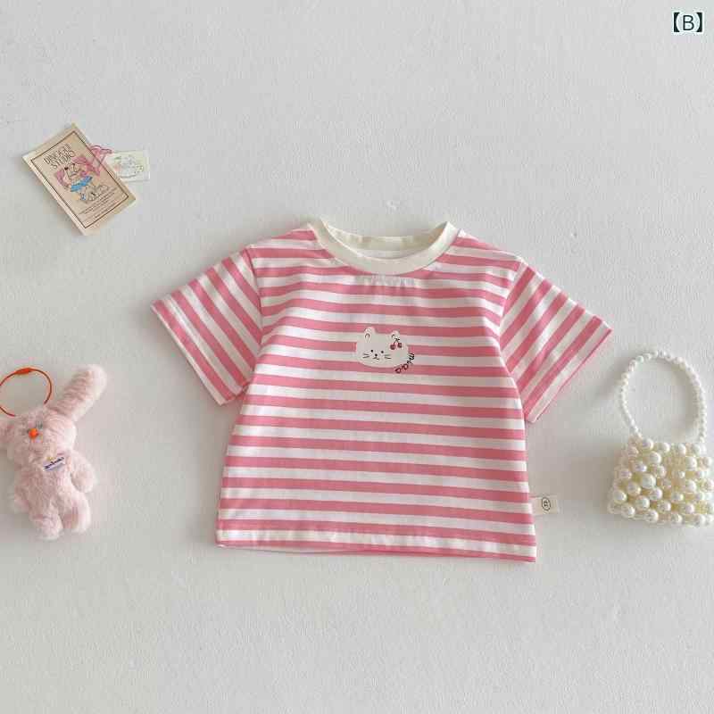 bloomelierのTシャツ キッズ 女の子 半袖 コットン ラウンドネック キャラクター ワッペン 猫 トップス インナー カジュアル かわいい 韓国風 夏服｜アングル2