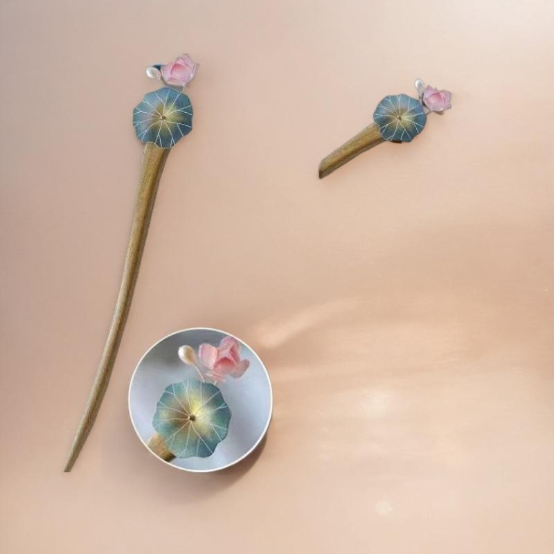 かんざし レディース ヘアアクセサリー 木目 木製 蓮の花 モチーフ ヘアピン 髪飾...