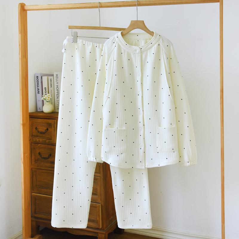 パジャマ レディース 授乳服 マタニティウェア ルームウェア 3点セット 秋冬 暖かい 前開き 長袖 長ズボン コットン キルト 厚手 産前 産後 ドット柄