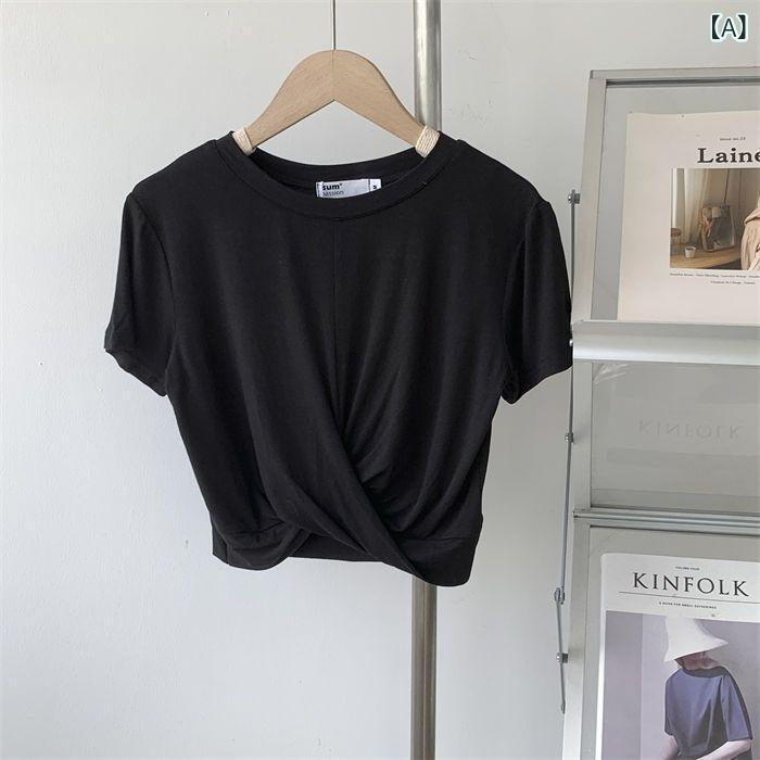bloomelierのTシャツ レディース ショート丈 レーヨン 半袖 無地 ラウンドネック 切り替え トップス 薄手 伸縮 フィット 体型カバー カジュアル 通勤 春夏｜アングル2