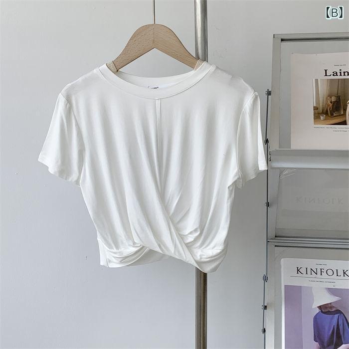 bloomelierのTシャツ レディース ショート丈 レーヨン 半袖 無地 ラウンドネック 切り替え トップス 薄手 伸縮 フィット 体型カバー カジュアル 通勤 春夏｜アングル3