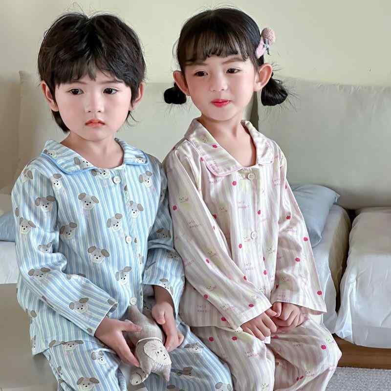 パジャマ キッズ 男女兼用 春秋 コットン 前開き ルームウェア 長袖 長ズボン 保安 部屋着 寝巻き かわいい イラスト