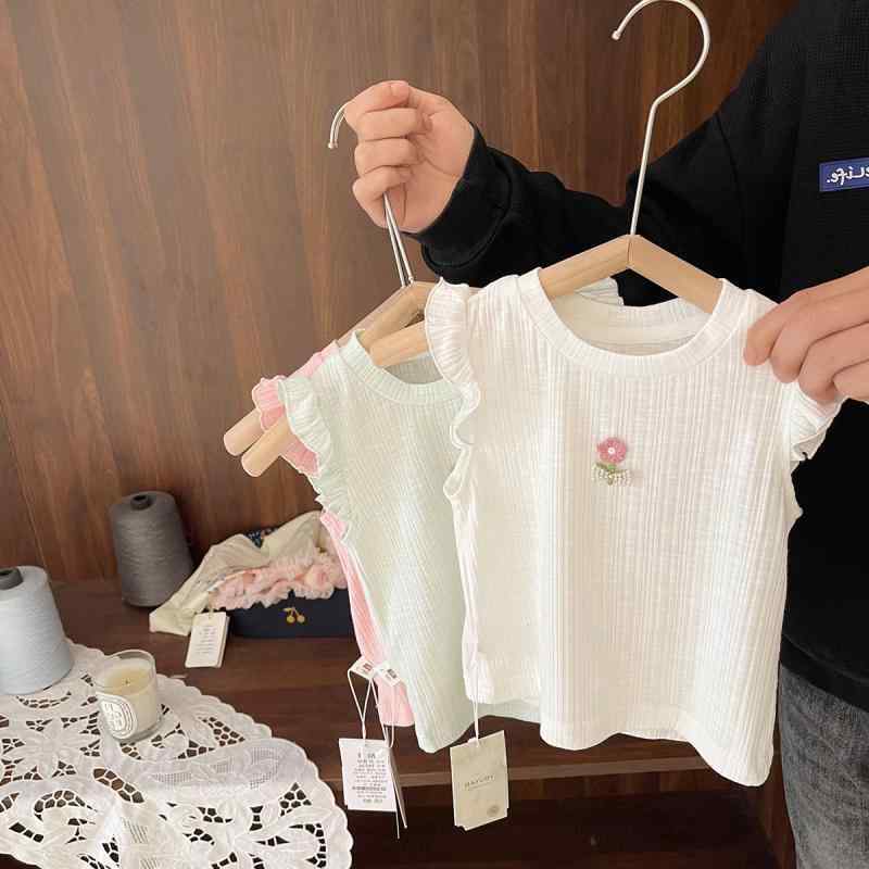 タンクトップ キッズ 女の子 ノースリーブ トップス シャツ 春夏 コットン 綿 フリル 花柄 パール ラウンドネック カジュアル かわいい 韓国風 おしゃれ