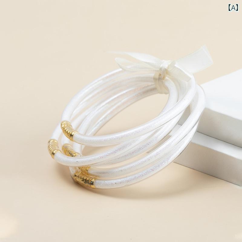 bloomelierのブレスレット レディース セット 樹脂製 透明 ラメ入り カラフル バングル 腕輪 おもちゃ 軽量 かわいい 普段使い カジュアル｜アングル2