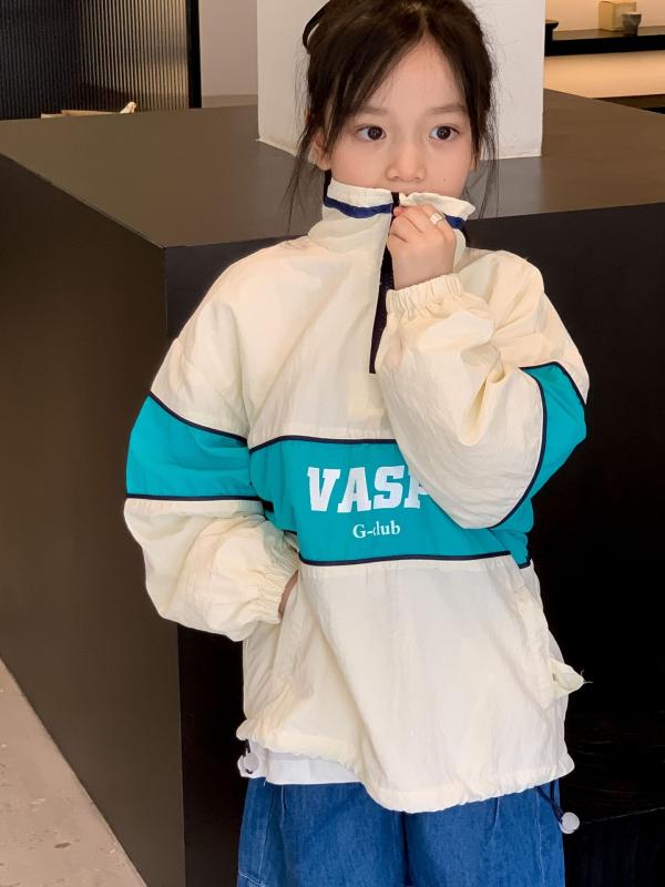 ジャケット キッズ 男女兼用 春秋 切り替え バイカラー ロゴ プリント スタンドカラー 長袖 チャック アウター 子供服 カジュアル