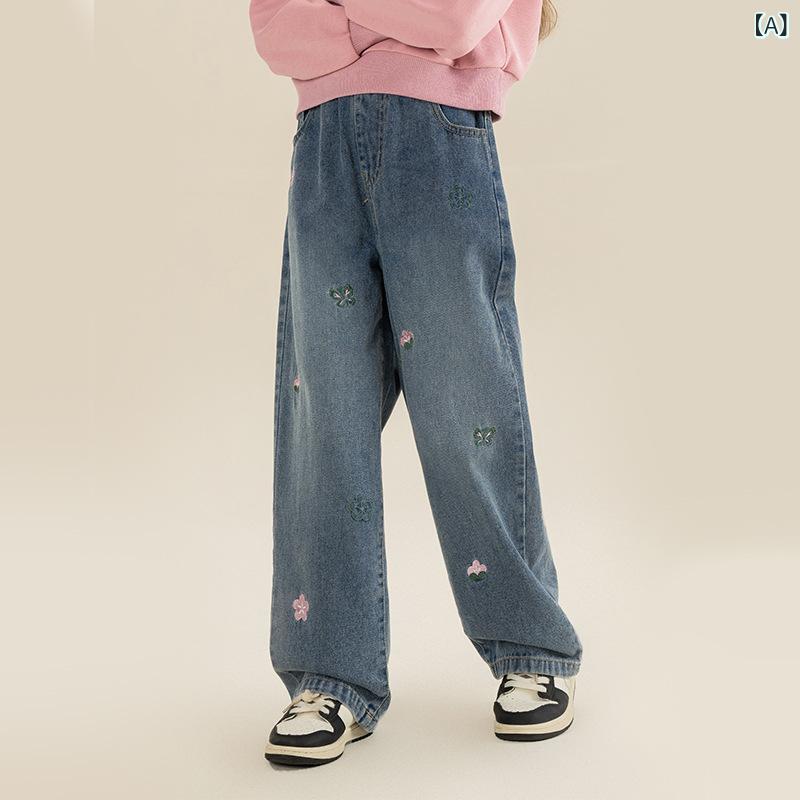 パンツ キッズ 女の子 春秋 デニム ワイドパンツ ジーンズ ジーパン ウエストゴム コットン 伸縮 軽量 通学 カジュアル ロングパンツ