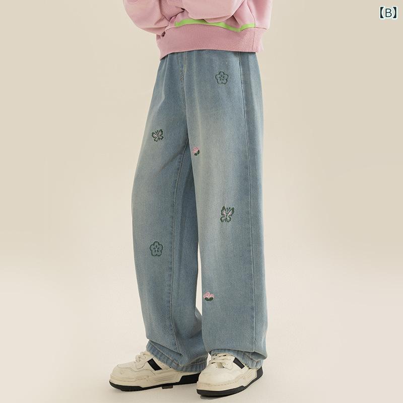 bloomelierのパンツ キッズ 女の子 春秋 デニム ワイドパンツ ジーンズ ジーパン ウエストゴム コットン 伸縮 軽量 通学 カジュアル ロングパンツ｜アングル2