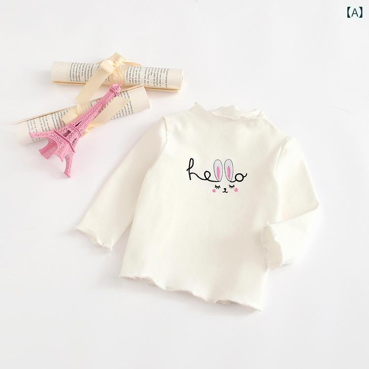 Tシャツ キッズ 女の子 春秋 長袖 ハイネック フリル 襟 リブ ニット コットン 無...