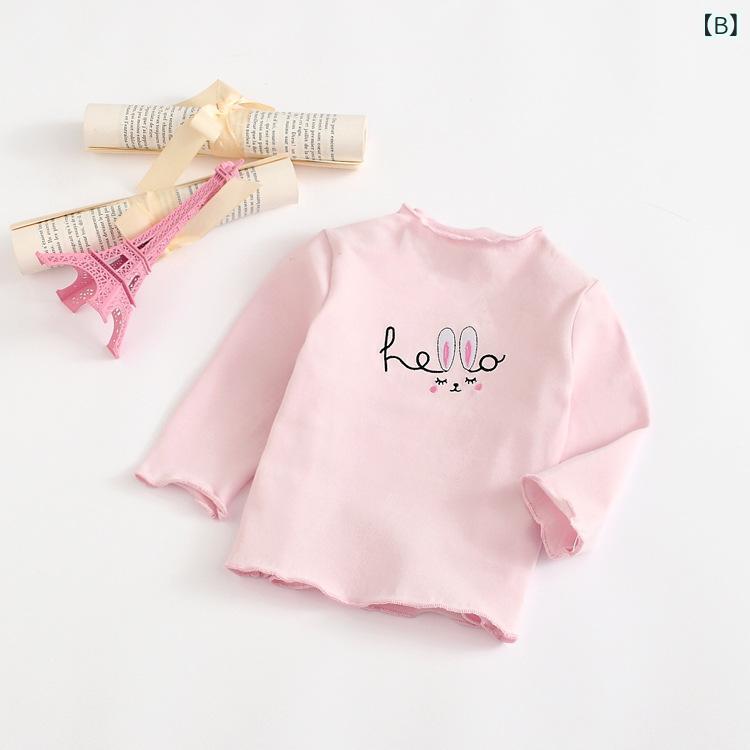Tシャツ キッズ 女の子 春秋 長袖 ハイネック フリル 襟 リブ ニット コットン 無...