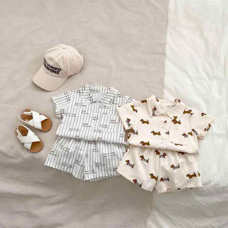 セットアップ キッズ 男の子 1歳 2歳 3歳 半袖 シャツ スタンドカラー ショートパンツ 2点セット コットン 薄手 アニマル かわいい カジュアル 夏