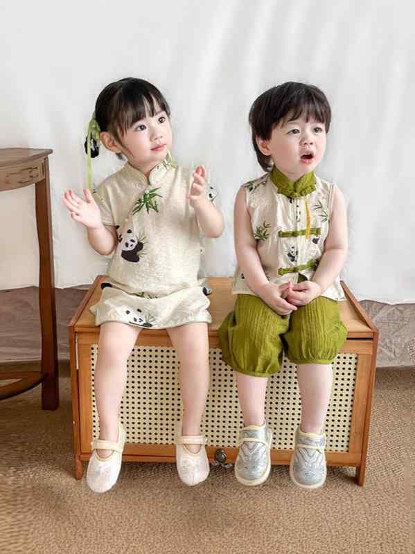 セットアップ キッズ 春夏 チャイナドレス チャイナ風 パンダ アニマル 動物 半袖 トップス パンツ ズボン 男の子 女の子 ベビー 子供服 洋服 発表会 演奏会 記念撮影 かわいい 通気性 軽量 涼しい イベント 衣装