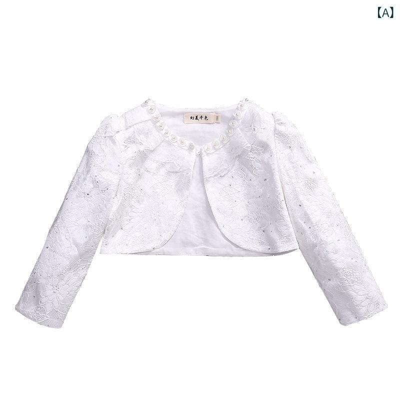 bloomelierのボレロ キッズ 女の子 ショール カーディガン 長袖 アウター レース スパンコール 前開き ボタン付き 柔らかい 秋冬 フォーマル パーティー 発表会 子供服 結婚式 かわいい｜アングル2