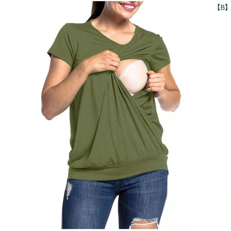 Tシャツ レディース 授乳服 妊婦 マタニティ トップス 丸首 半袖 無地 ストレッチ ...